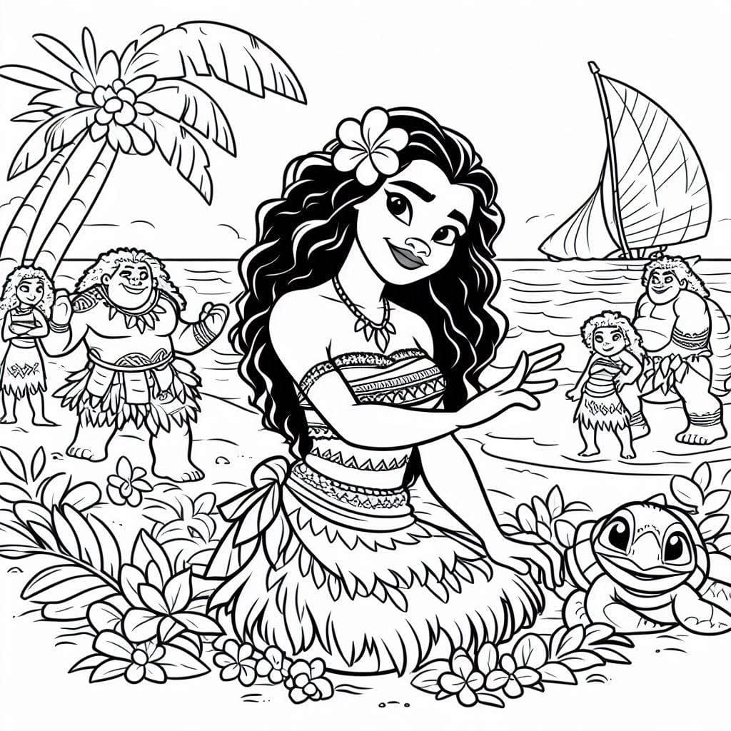 Tô màu Moana Và Mọi Người Ở Bãi Biển