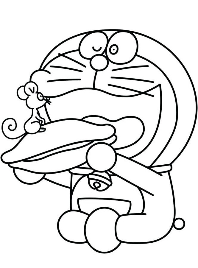 Tô màu doraemon với con chuột trên bánh